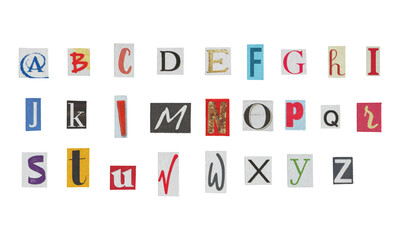 Set of cut-out English alphabet letters from magazines on a transparent background, retro y2k style