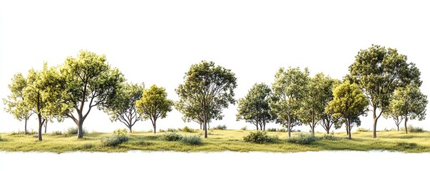 Graphic showing a wide view of a grass field adorned with trees, isolated on a clean white background, representing the harmony and tranquility of nature