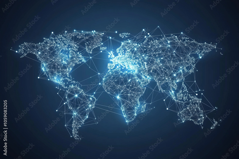 Poster global connectivity through abstract world map design and digital network visuals