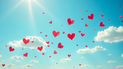 Valentine's day concept. Many red hearts against blue sky with clouds
