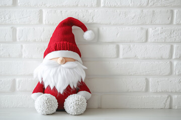 Fototapeta premium A plush Santa figure in a red hat and a fluffy white beard sits serenely against a textured white brick wall. Copy space