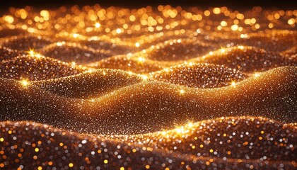 A shimmering landscape of golden particles resembling waves, creating a mesmerizing and enchanting visual effect.