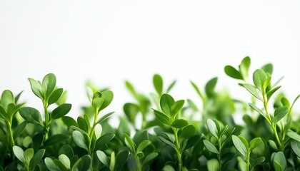 Obraz premium Illustration of bright green boxwood leaves playfully dancing in the air, set against a stark white backdrop, evoking a sense of freshness and organic charm