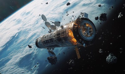 Fototapeta premium Space station orbiting Earth with asteroids.