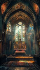 Fototapeta premium Captivating interior of a byzantine orthodox church with stunning frescoes and stained glass windows