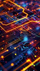 Vibrant neon digital background with abstract geometric designs for technology visuals