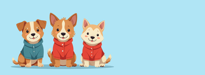 ute dogs in warm winter clothes on pastel blue  background. Hello winter, happy winter. Fun greeting card. Flat Cartoon illustration for veterinarian clinic, pet shop.