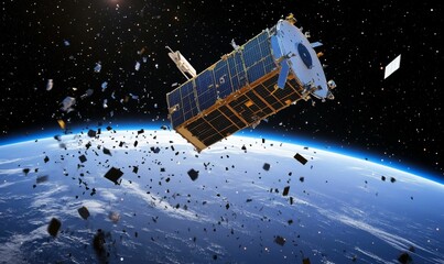 Obraz premium Space debris surrounds Earth.