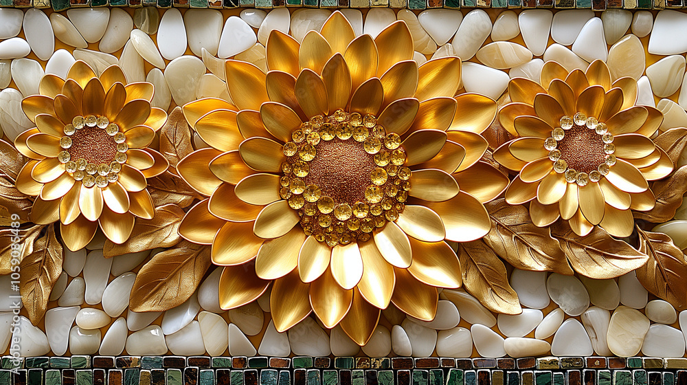 Wall mural decorative artwork featuring three ornamental sunflowers made of golden petals and gemstones on a te