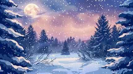 Winter Night Landscape: Snowy Forest and Fir Branches