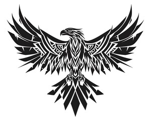 Obraz premium Powerful Tribal Eagle Tattoo Design with Geometric Wings on White Background