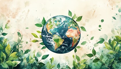 Visual representation of the Earth playfully adorned with vibrant green leaves in a watercolor style, emphasizing the importance of caring for the environment and sustainability