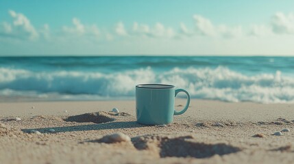 Coffee Mug on Sandy Beach with Ocean View