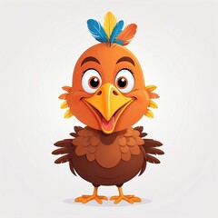 Fototapeta premium A bright orange and yellow cartoon turkey stands proudly with its feathers fluffed, sporting a big goofy smile and silly eyebrows on a white background.