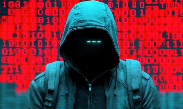 Examine the use of ransomware attacks in extortion scams targeting organizations, Mysterious figure in a dark hoodie against a backdrop of abstract red digital code.