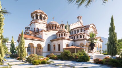 Fototapeta premium Stunning byzantine orthodox church with intricate architecture and domes against a clear blue sky