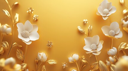 A vibrant golden background adorned with elegant white flowers and delicate leaves.