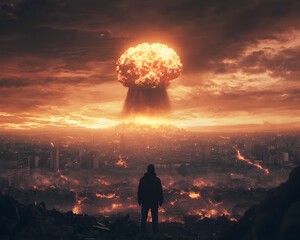 Apocalyptic Explosion on the Horizon with Mushroom Clouds Over Devastated Cities and Distant Survivors Watching the World s End