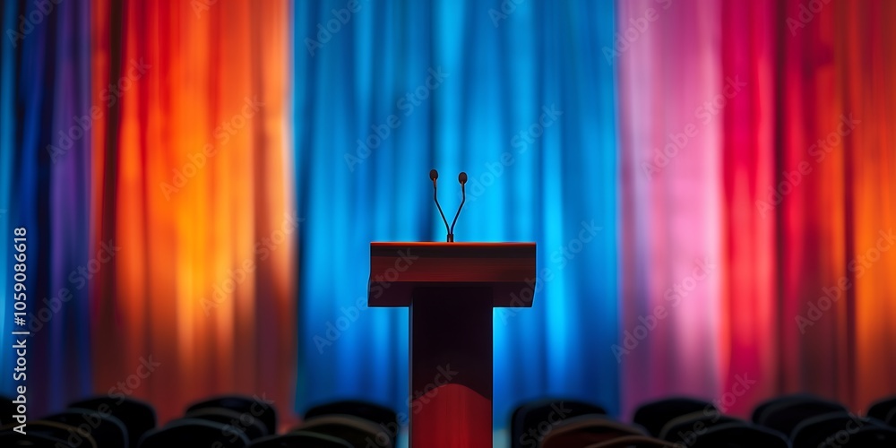 Poster podium with microphones on stage plain textured background for web design and copy