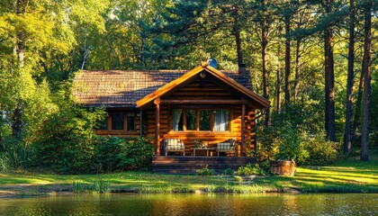 Obraz premium A cozy log cabin surrounded by lush greenery and a serene lake, perfect for relaxation and nature retreats.