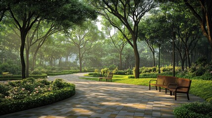 Fototapeta premium Serene Morning Walk Through A Lush Park