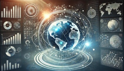 Fototapeta premium Global Data Visualization with Charts Graphs and Earth Globe