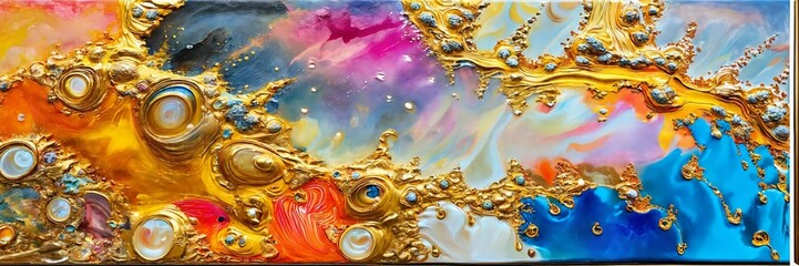 Colorful abstract painting oil and water with 3d golden 24k	