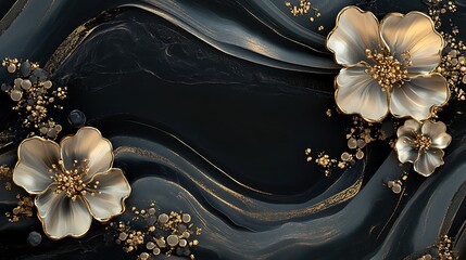 A stylish abstract design featuring elegant flowers and flowing textures in dark tones.