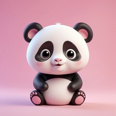 Fototapeta premium Adorable 3D rendered kawaii style panda character on a soft pink background