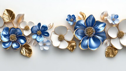 A decorative arrangement of blue and white flowers with golden accents on a light background.