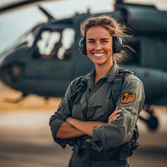 a beautiful  white female model pilot flying a helicopter with headset