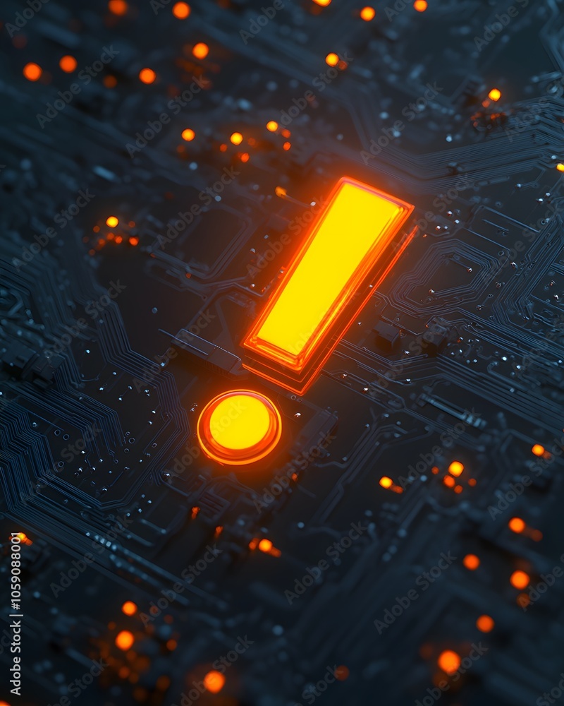 Aufkleber glowing exclamation mark on circuit board warning error notification