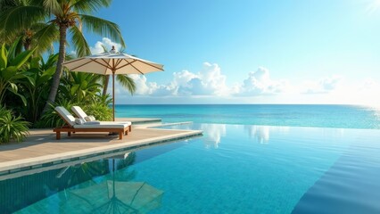 Tranquil Infinity Pool Scene with Beach Lounge Chairs