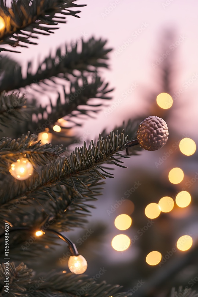Poster christmas tree with lights and pine cone ornament subtle blur background with space for custom text