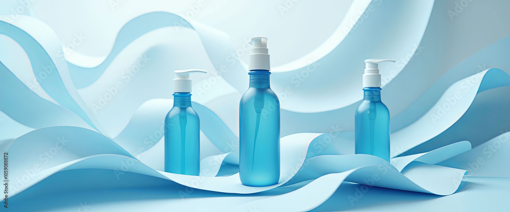Poster a row of blue and white bottles of lotion are displayed on a blue background. the bottles are arrang