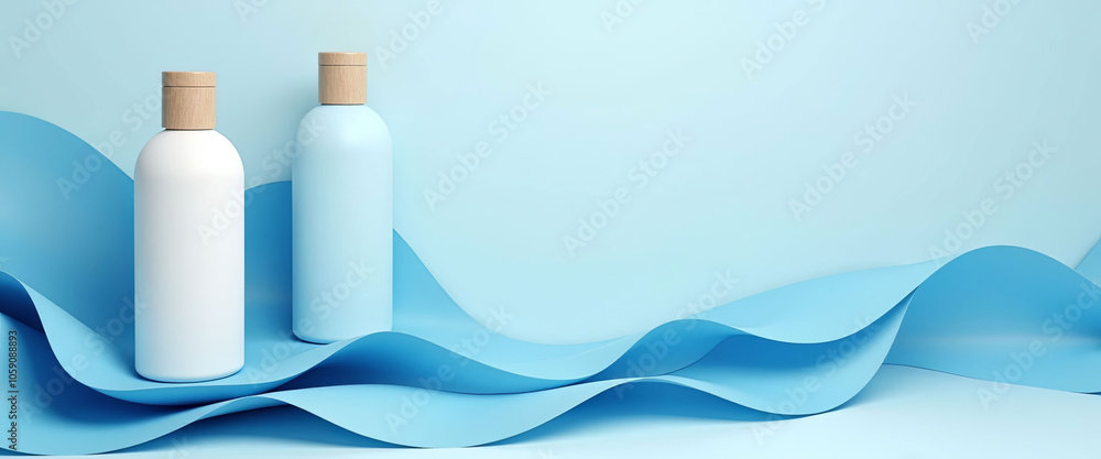 Poster a row of blue and white bottles of lotion are displayed on a blue background. the bottles are arrang