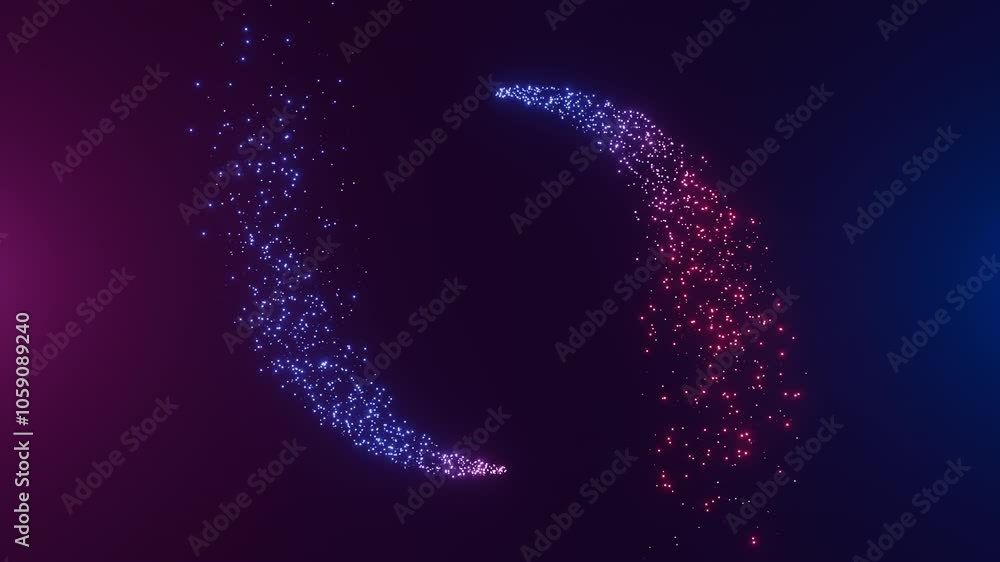 Poster a seamless looped 3d animation of particles moving in a circular motion against a dark background vi