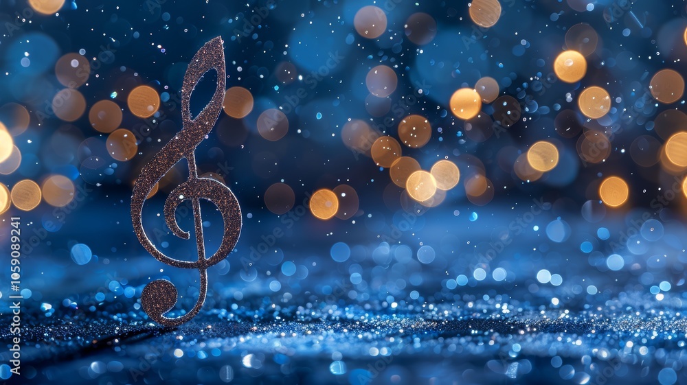 Poster An elegant music note illuminated by soft blue light amidst shimmering bokeh in a serene setting, creating a calming and artistic atmosphere