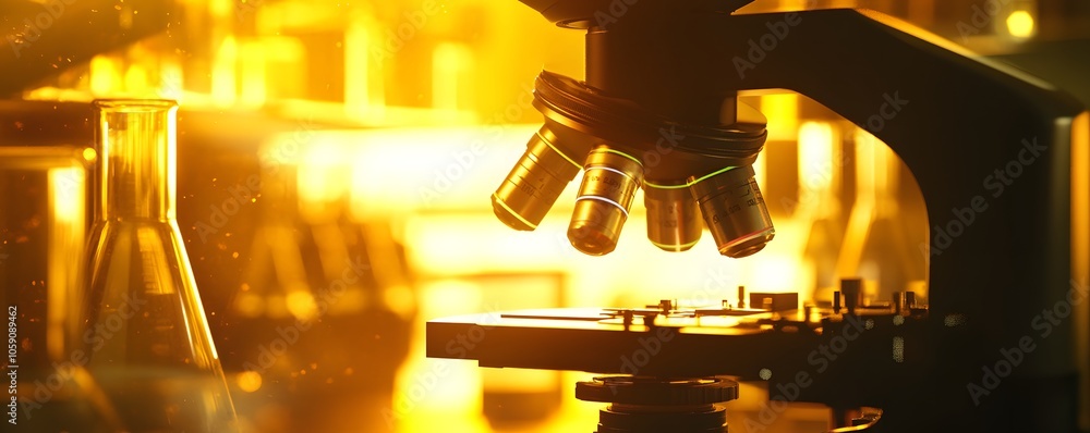 Poster close up of microscope lens in a laboratory setting