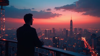 Elegant Rooftop Bar at Dusk: A Silhouette with Stunning City Views