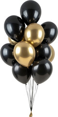 Cluster of black and gold balloons on transparent background