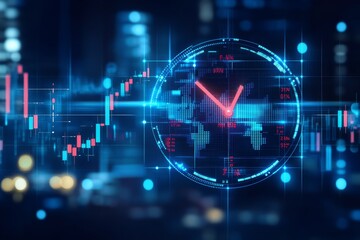 Digital Clock with Red Arrow and Data Visualization