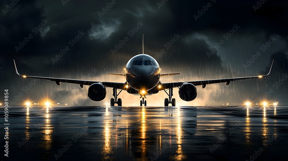 Poster dramatic nighttime view of a commercial airplane stationed at the airport gate illuminated by bright