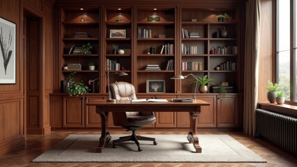 Chic Study Room Featuring Classic Design and Warm Mahogany Shelves