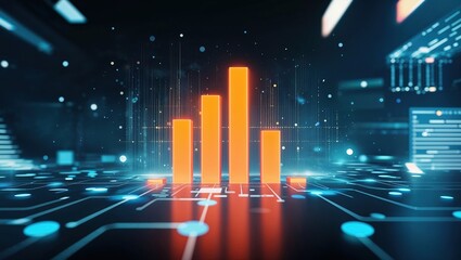 Abstract background with an orange bar graph, glowing lights, and data points on a dark, abstract digital landscape.