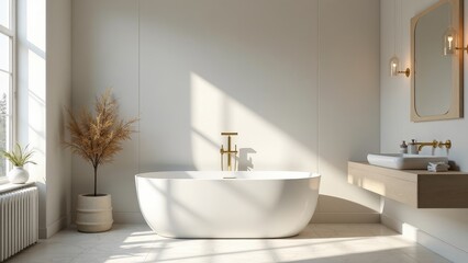 Fototapeta premium Luxurious Minimalist Bathroom with Freestanding Tub and Gold Fixtures