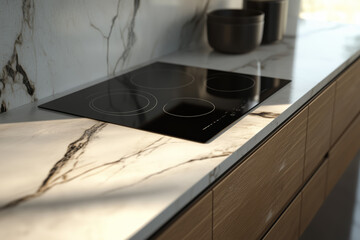 Modern kitchen countertop with black induction cooktop and marble backsplash, featuring natural light and wooden cabinets. Minimalist design and contemporary home decor concept. Design