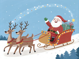 Fototapeta premium Merry Christmas day, Santa Claus in a deer carriage including deer isolated on transparent background. Generative AI