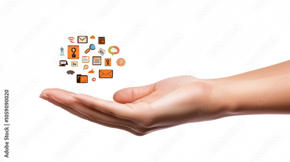 Poster a hand is open, presenting various colorful icons representing communication and technology, symboli