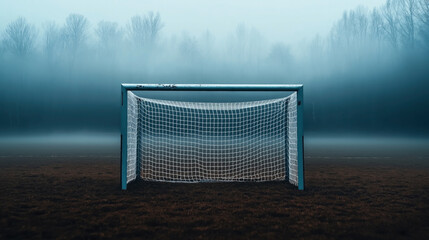 A solitary soccer goalpost stands on a foggy field with bare trees in the background, creating a mysterious and serene atmosphere.